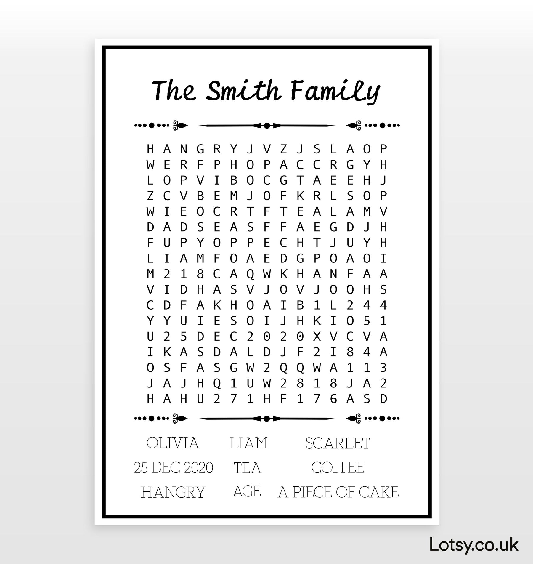 Personalised word-search print example titled The Smith Family, with a letter grid and chosen names and words