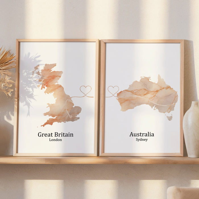 Personalised Two Linked Locations Light Marble Effect Prints - Custom Line