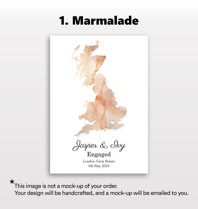 Personalised Engagement Light Marble Effect Portrait Location Print