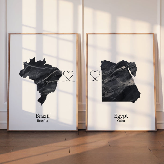 Personalised Two Linked Locations Dark Marble Effect Prints - Custom Line