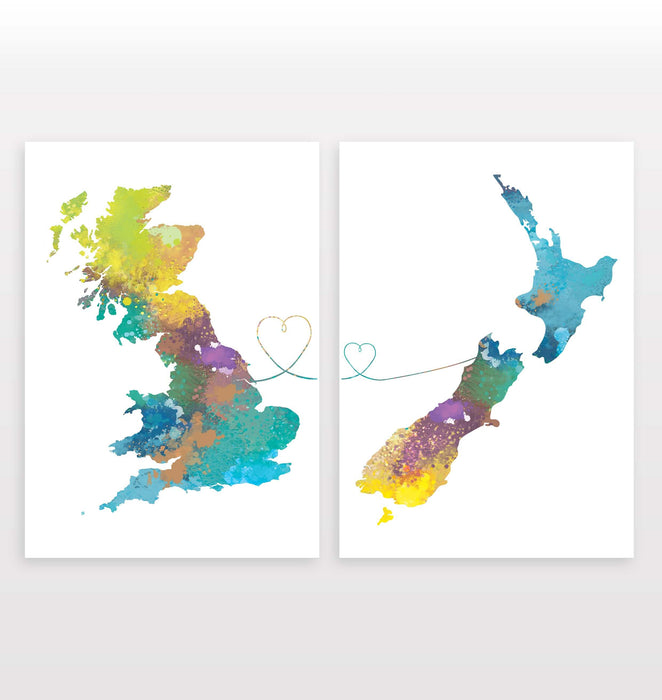 Uk to New Zealand - Set of 2 Prints