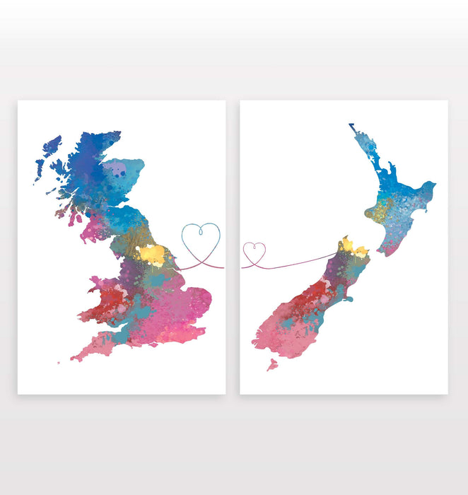 Uk to New Zealand - Set of 2 Prints