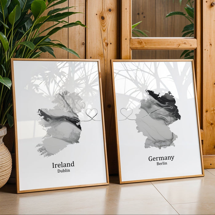 Personalised Two Linked Locations Light Marble Effect Prints - Custom Line