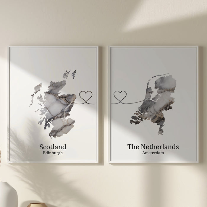 Personalised Two Linked Locations Dark Marble Effect Prints - Custom Line