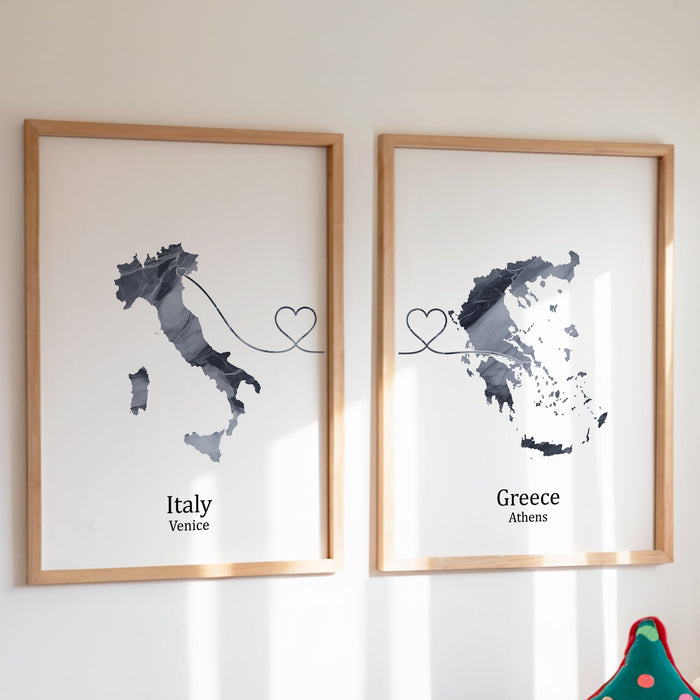Personalised Two Linked Locations Dark Marble Effect Prints - Custom Line