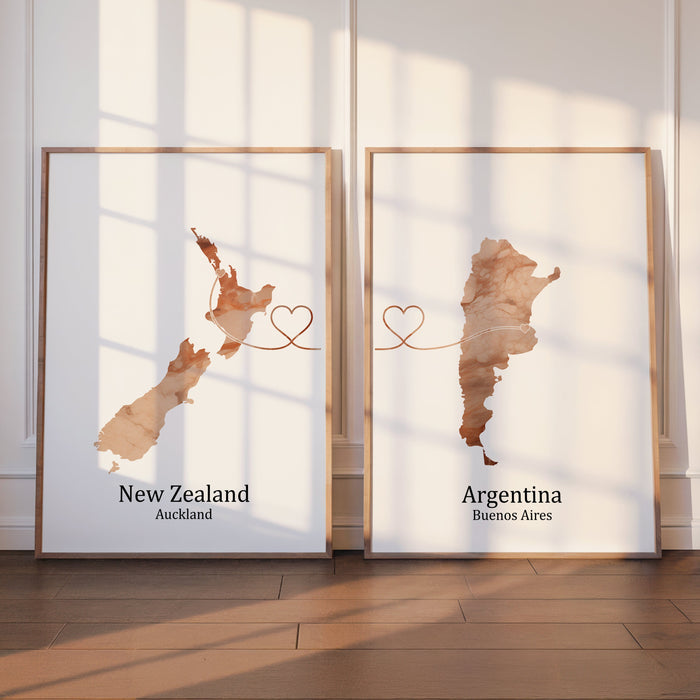 Personalised Two Linked Locations Light Marble Effect Prints - Custom Line