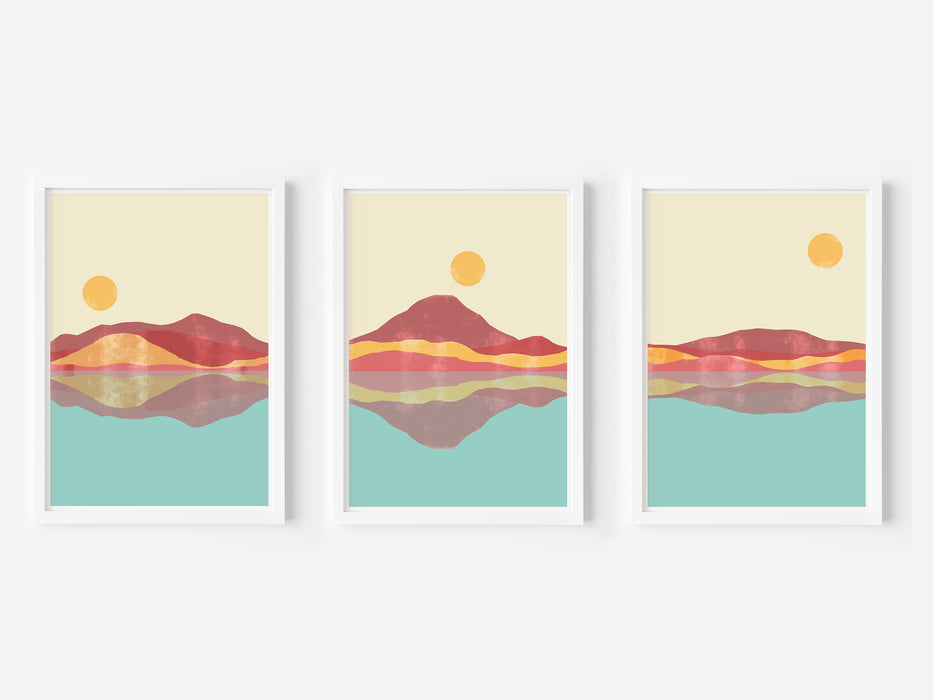 Abstract Red, Gold & Blue Landscape - Set of 3