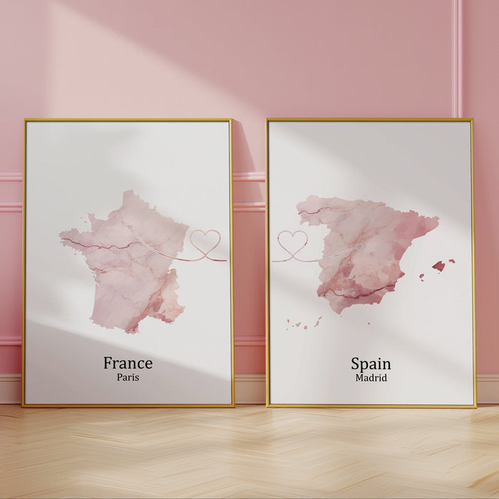Personalised Two Linked Locations Light Marble Effect Prints - Custom Line