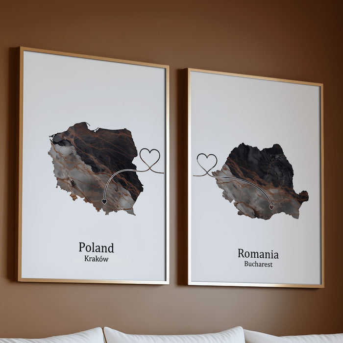 Personalised Two Linked Locations Dark Marble Effect Prints - Custom Line