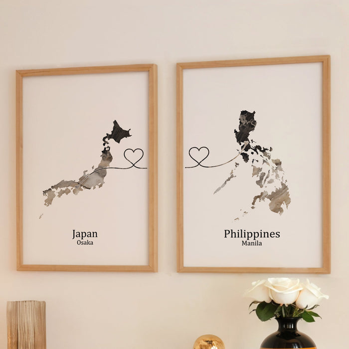 Personalised Two Linked Locations Dark Marble Effect Prints - Custom Line