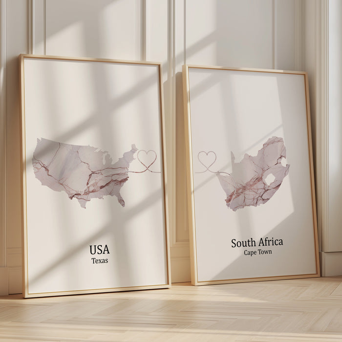 Personalised Two Linked Locations Light Marble Effect Prints - Custom Line