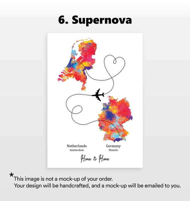 Personalised Two Location Portrait Print 2.0 - Custom Plane Line