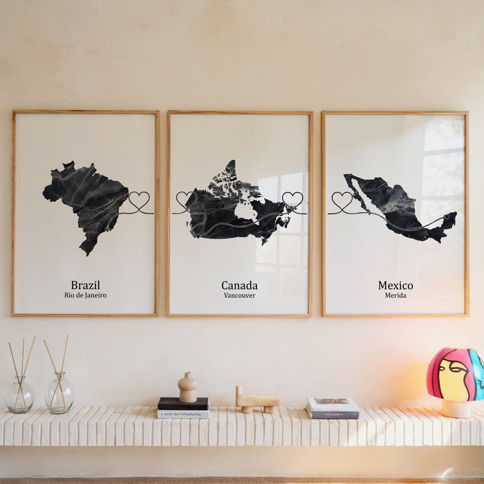 Personalised Three Linked Locations Dark Marble Effect Prints - Custom Line