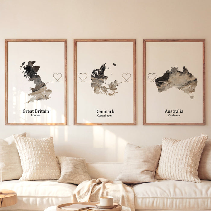 Personalised Three Linked Locations Dark Marble Effect Prints - Custom Line
