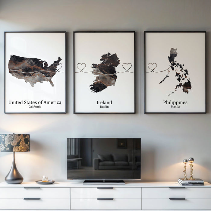Personalised Three Linked Locations Dark Marble Effect Prints - Custom Line