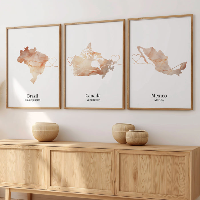 Personalised Three Linked Locations Light Marble Effect Prints - Custom Line