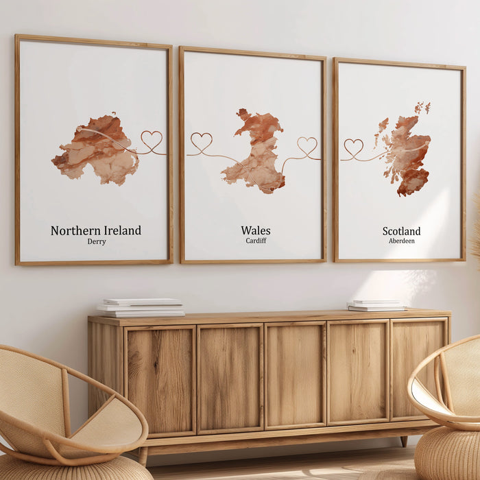 Personalised Three Linked Locations Light Marble Effect Prints - Custom Line