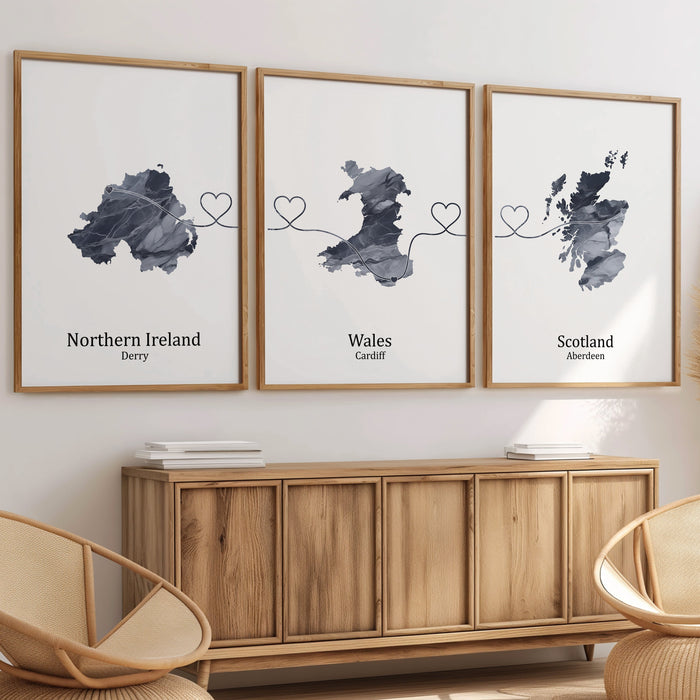 Personalised Three Linked Locations Dark Marble Effect Prints - Custom Line