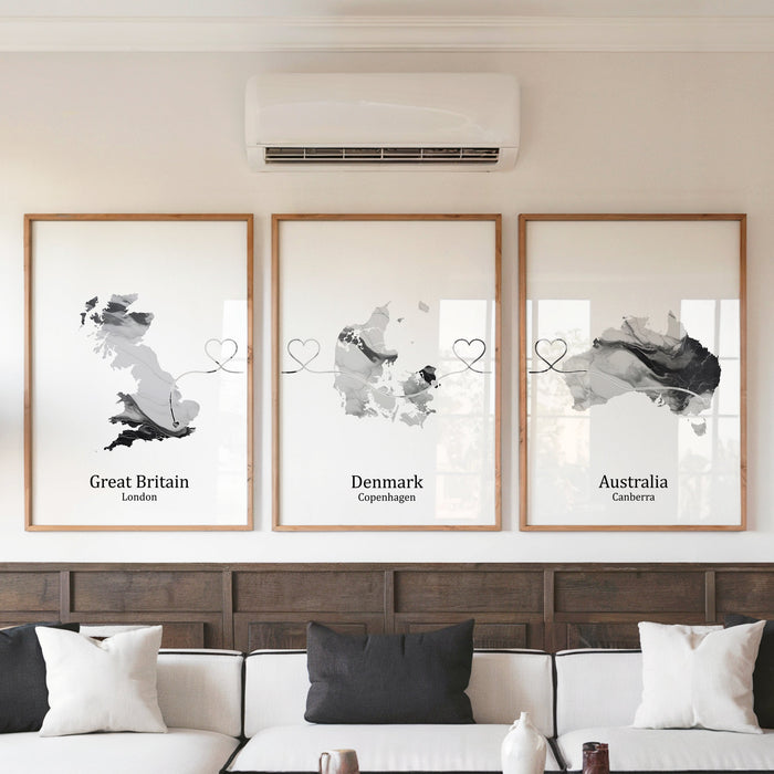 Personalised Three Linked Locations Light Marble Effect Prints - Custom Line