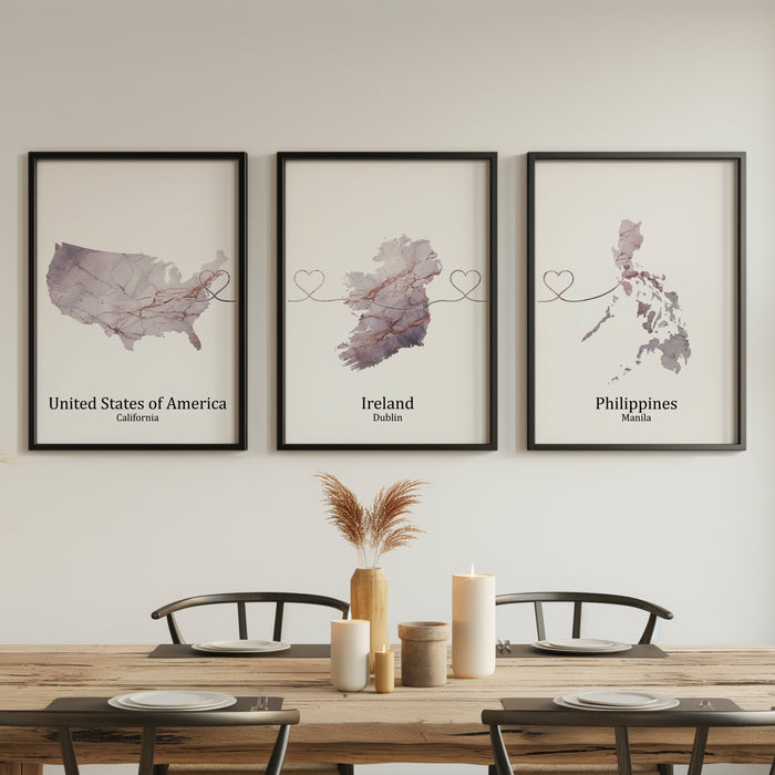 Personalised Three Linked Locations Light Marble Effect Prints - Custom Line