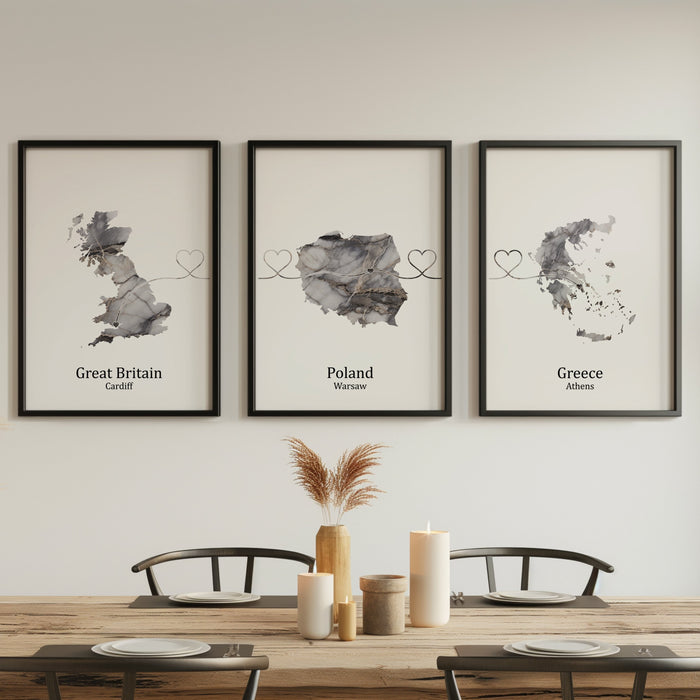 Personalised Three Linked Locations Dark Marble Effect Prints - Custom Line