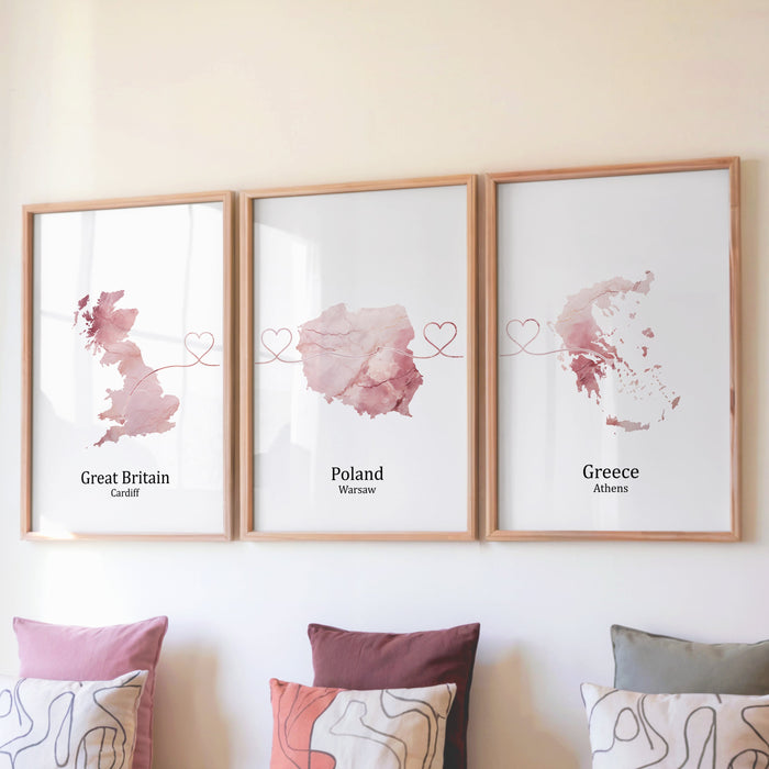 Personalised Three Linked Locations Light Marble Effect Prints - Custom Line