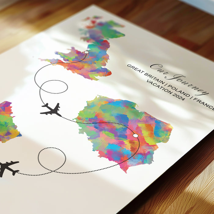 Personalised Three Location Portrait Print 2.0 - Custom Plane Line