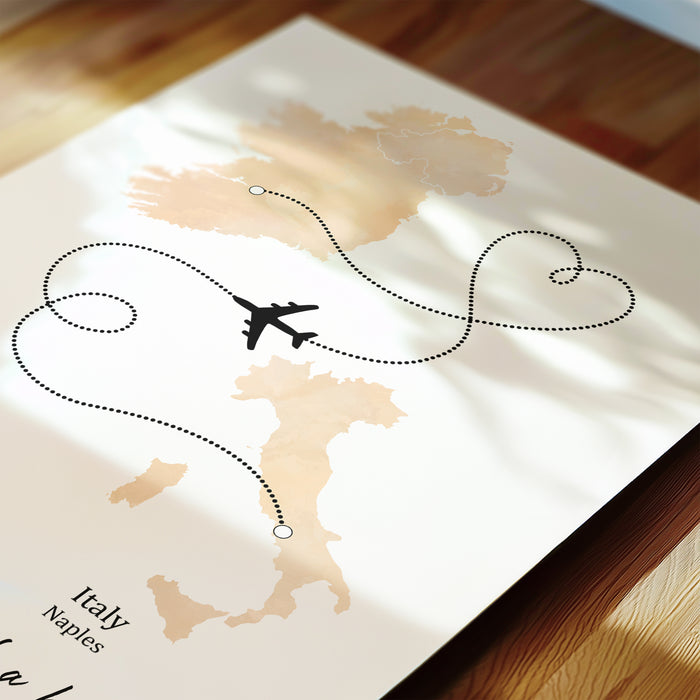 Personalised Two Location Portrait Print 2.0 - Custom Plane Line