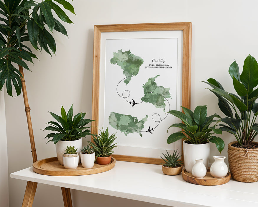 Personalised Three Location Portrait Print 2.0 - Custom Plane Line