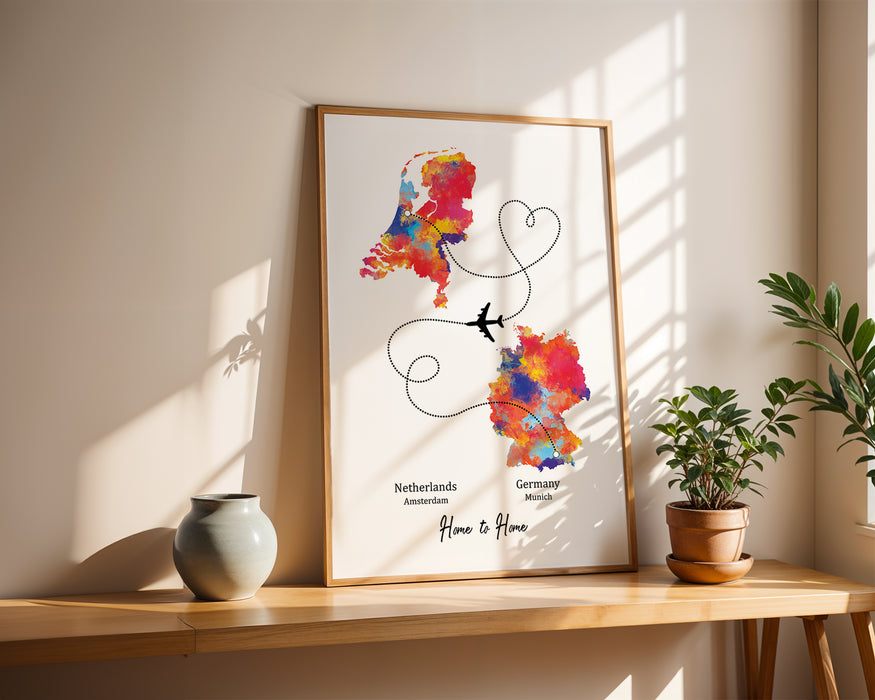 Personalised Two Location Portrait Print 2.0 - Custom Plane Line