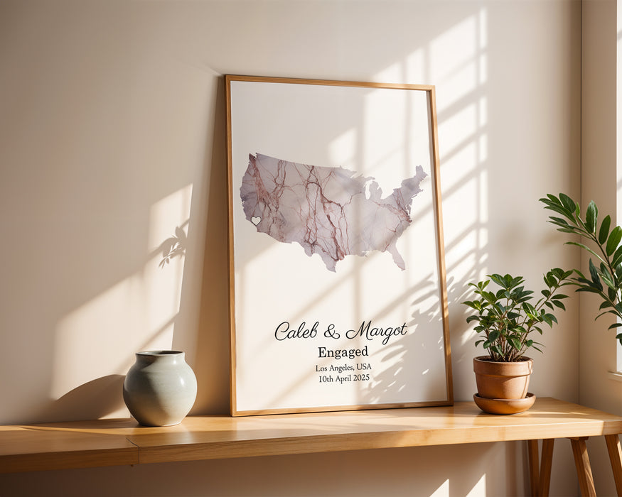 Personalised Engagement Light Marble Effect Portrait Location Print
