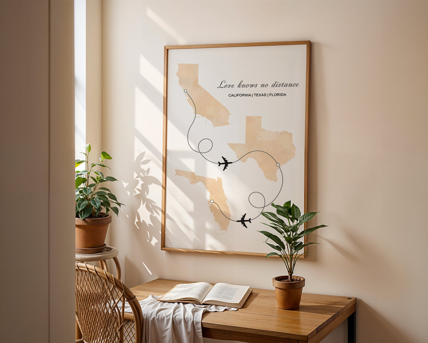 Personalised Three Location Portrait Print 2.0 - Custom Plane Line