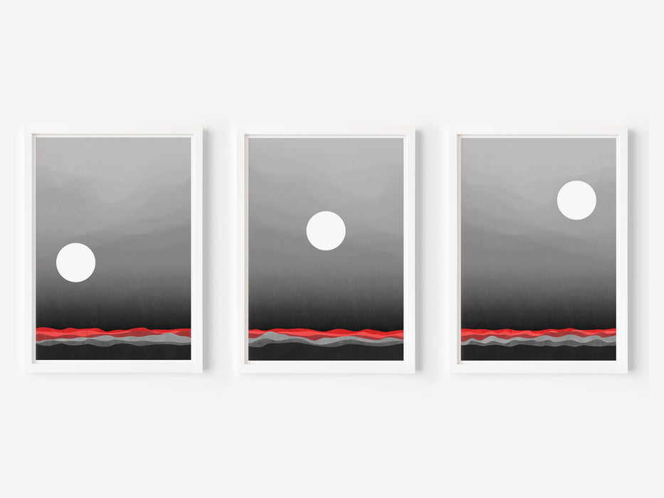 Abstract Red and Grey Lunar Landscape - Set of 3