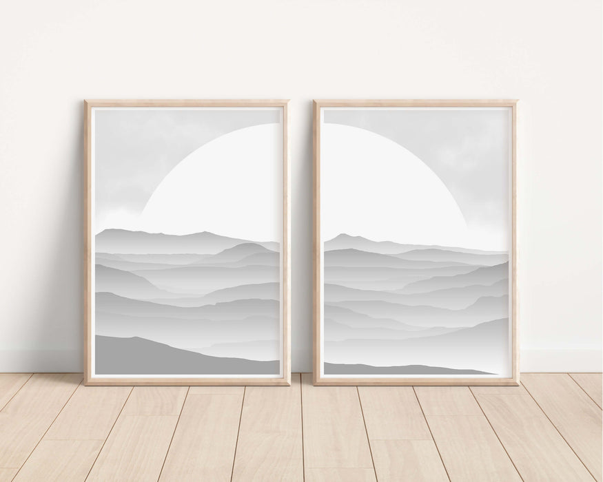 Abstract Greyscale Misty Sunrise - Set of 2