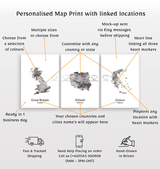Personalised Three Linked Locations Dark Marble Effect Prints - Custom Line