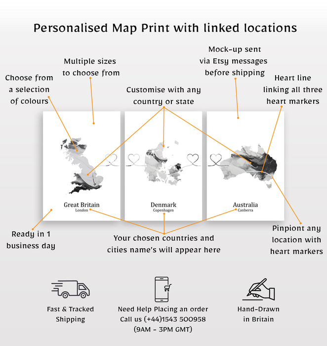 Personalised Three Linked Locations Light Marble Effect Prints - Custom Line