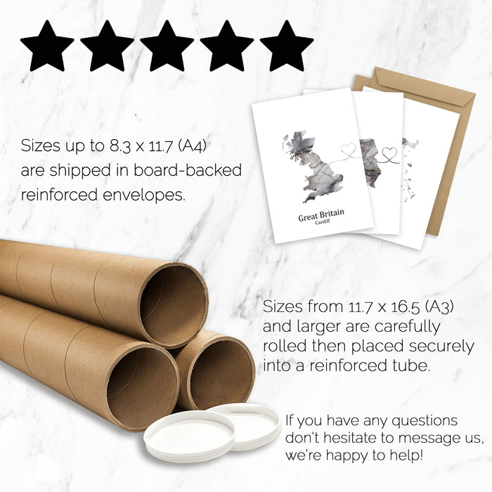Personalised Three Linked Locations Dark Marble Effect Prints - Custom Line